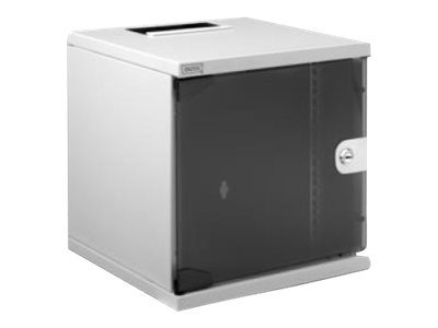 6U Wall Mounting Cabinet, DN-10-05U-1, Safety class rating IP20; 200° door opening angle; Lockable safety-glass door; 254 mm (10") profile rails mounted on the front side inside of the cabinet, galvanized; 254 mm (10") profile rails are adjustable in depth, 33.0 x 31.2 x 30.0 cm, Grey